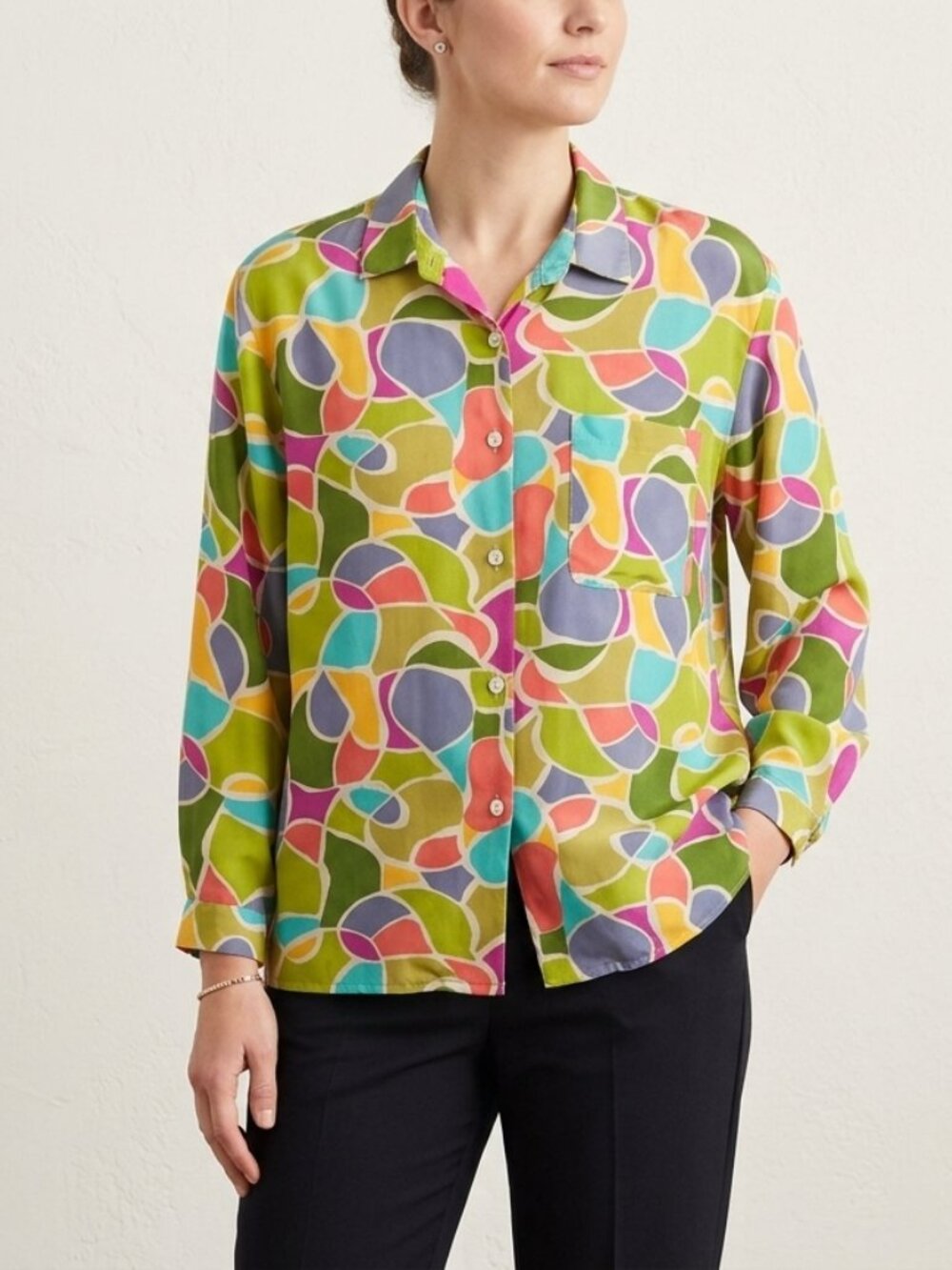 GITANO Vintage Silk Button-Up Blouse Vibrant Multicolor Abstract Pattern M